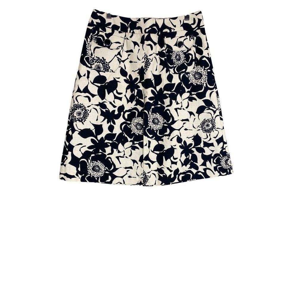 Merona Womens Fit & Flare Skirt Black‎ Cream Floral Front Pleat Pockets Size 8